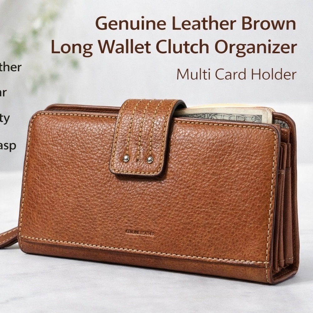 Genuine Leather Brown Long Wallet Clutch Organizer Multi Card Holder